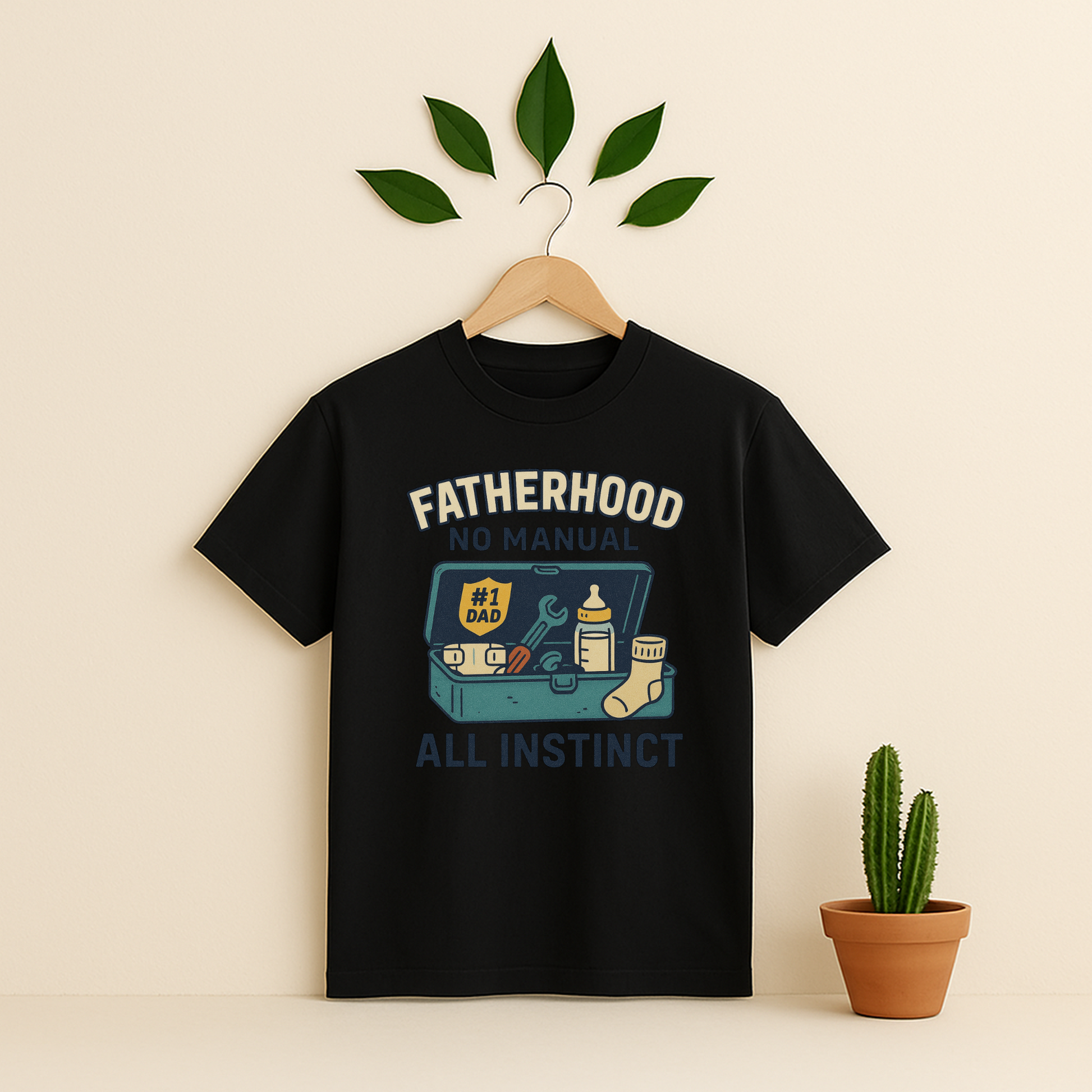 Black t-shirt withe 'Fatherhood_No_Manual_All_Instinct' graphic on a wooden hanger against a beige background with a cactus plant.