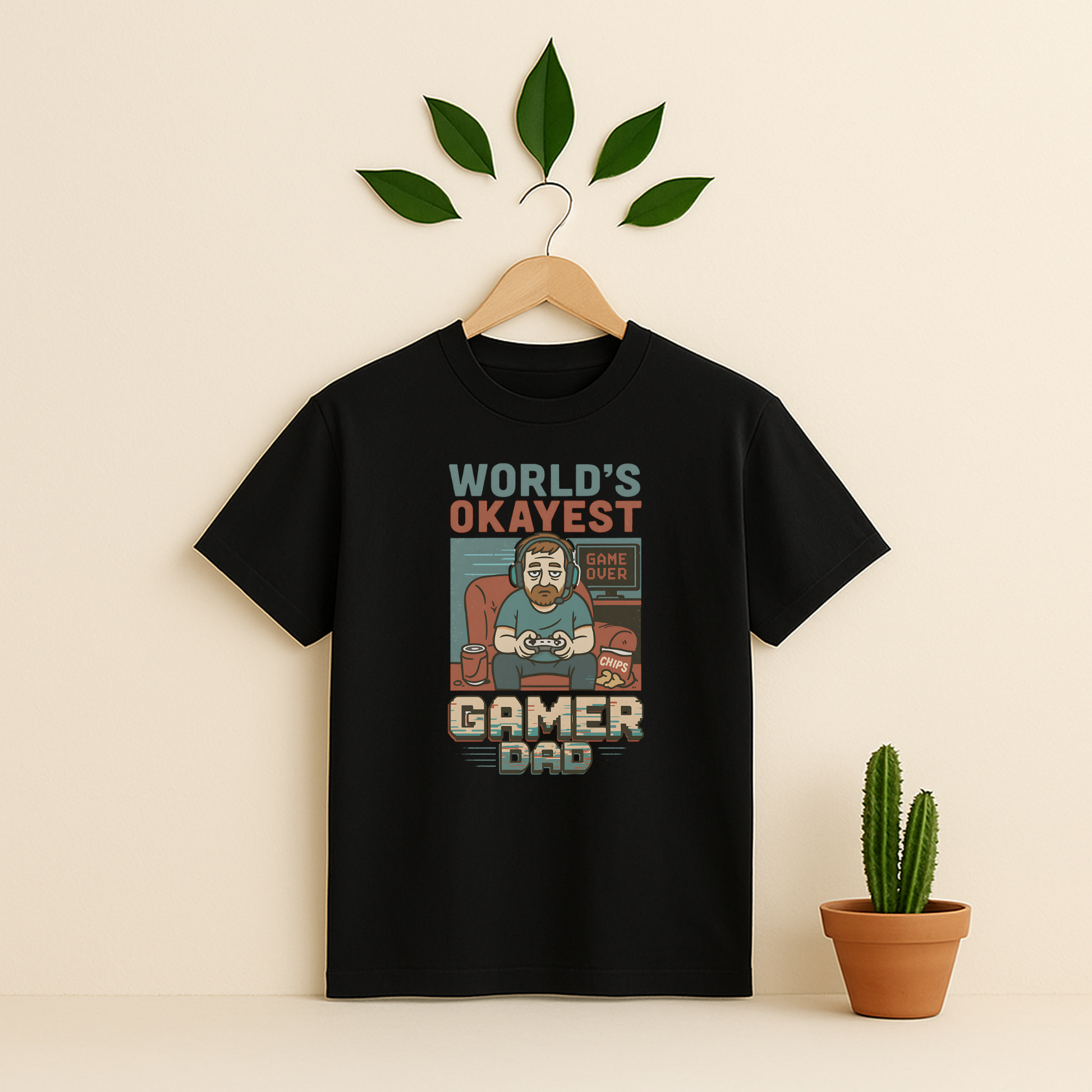 Black t-shirt with 'World's Okayest Gamer Dad' graphic on a wooden hanger against a beige background with a cactus plant.