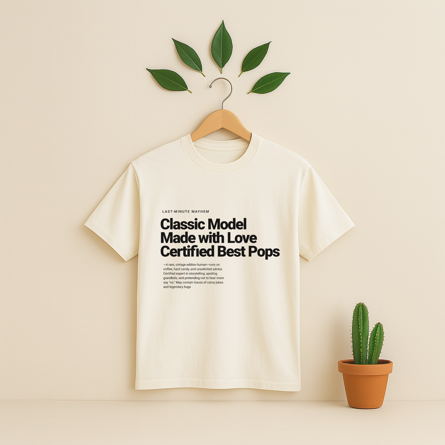Ivory t-shirt with text on a hanger against a beige background with a potted Cactus plant.