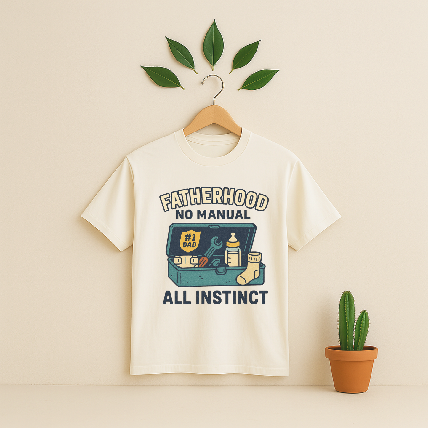 Ivory t-shirt withe 'Fatherhood_No_Manual_All_Instinct' graphic on a wooden hanger against a beige background with a cactus plant.