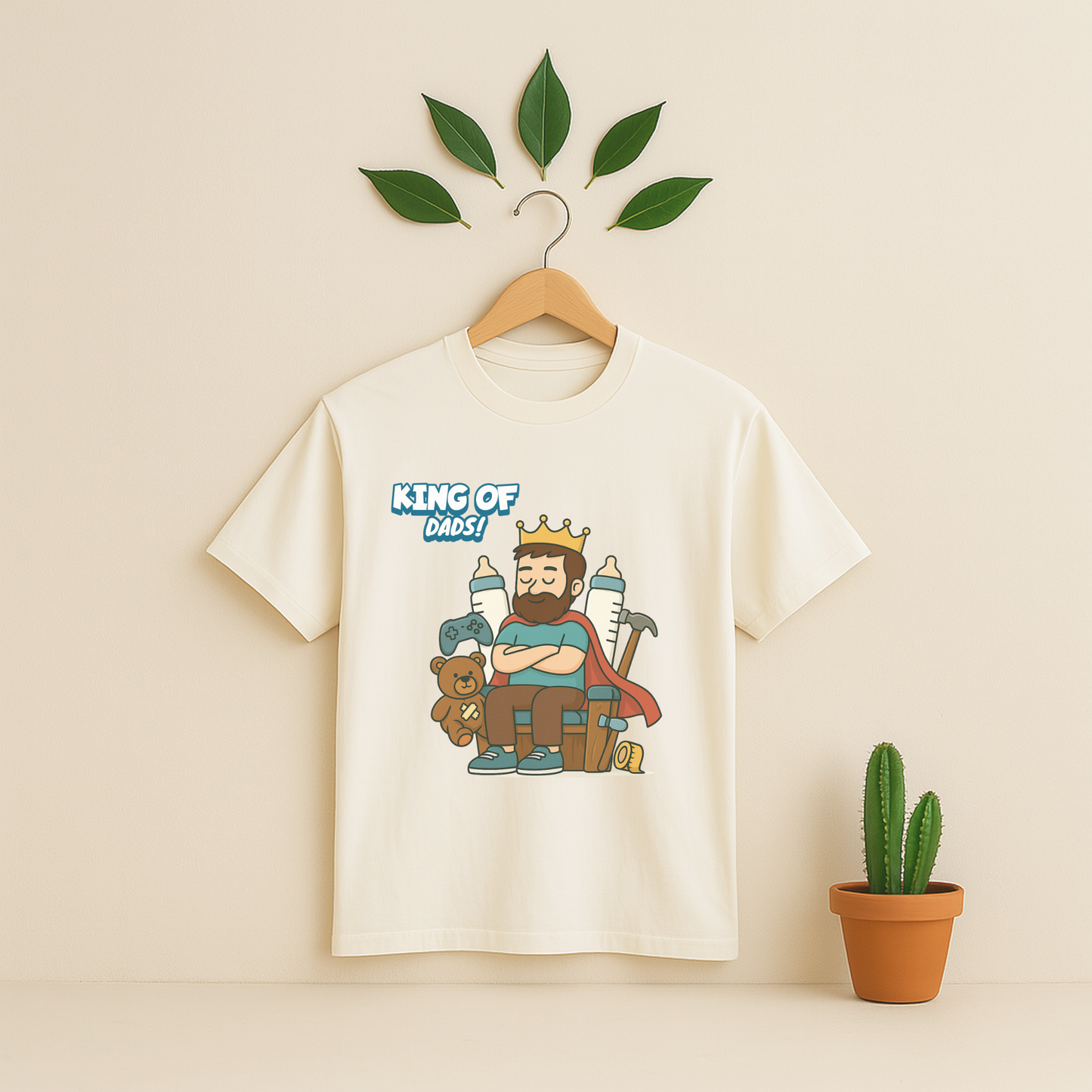 Ivory t-shirt with 'King Of Dads!' graphic on a wooden hanger against a beige background with a cactus plant.