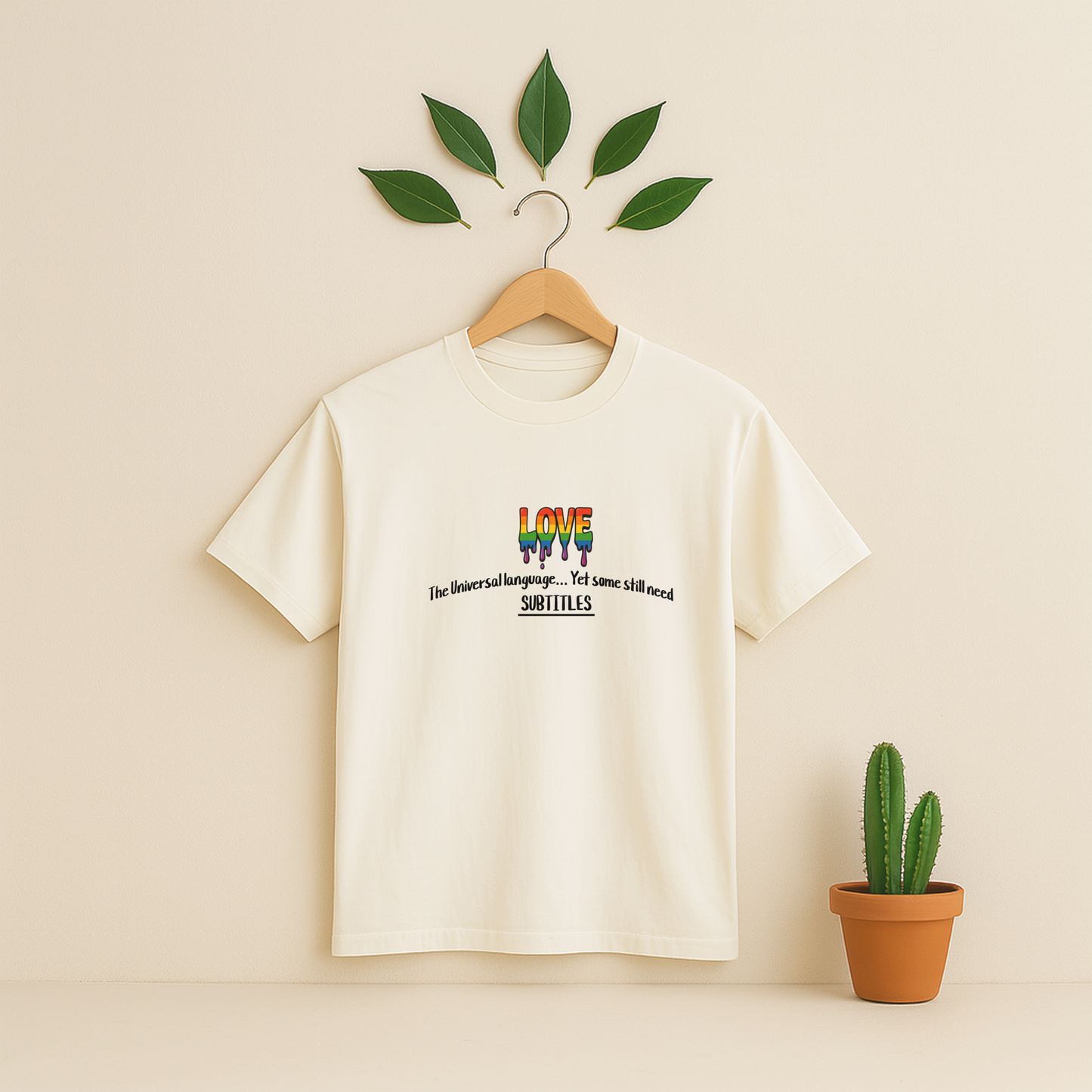 Ivory t-shirt with rainbow design and text on a wooden hanger against a beige background with a cactus plant.