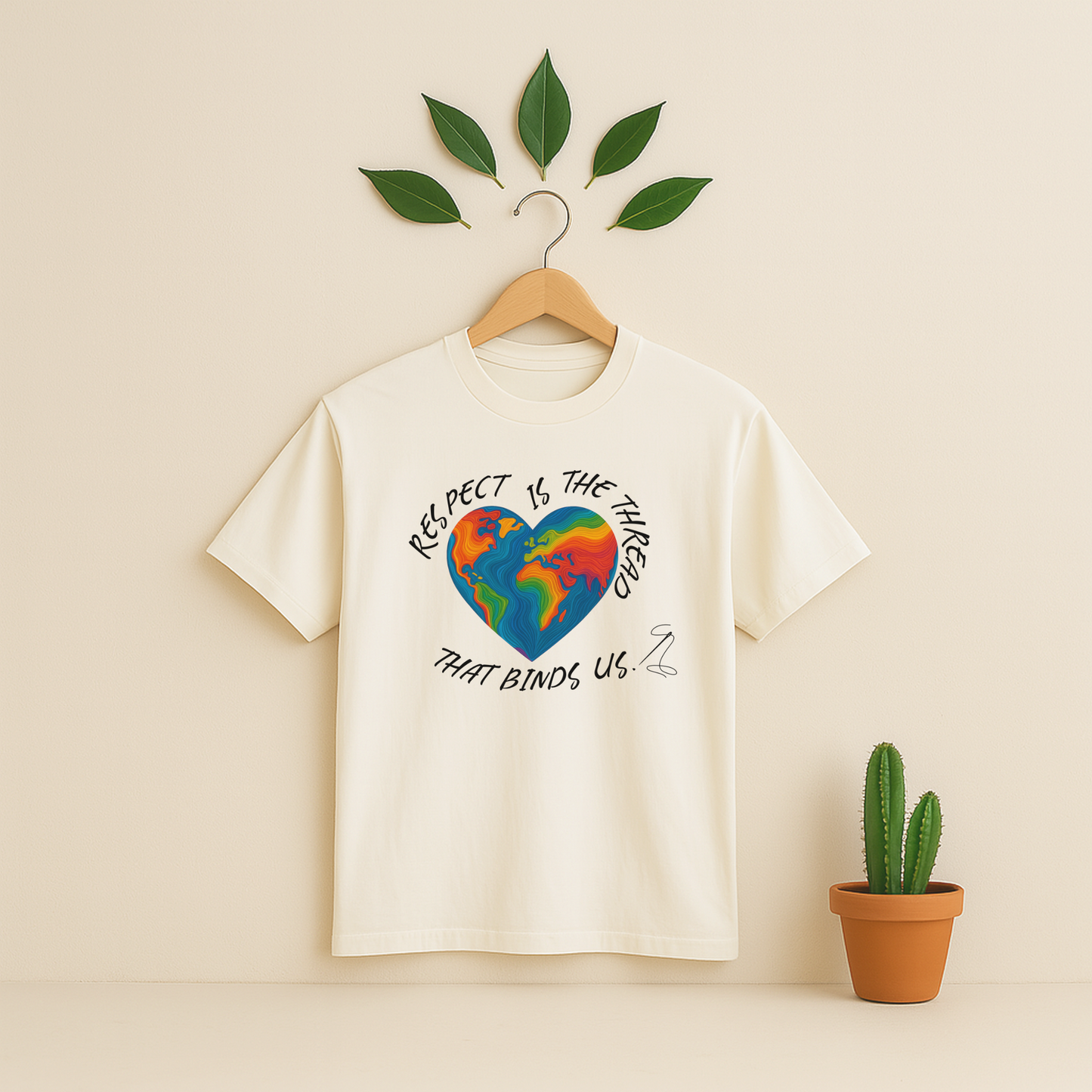 Ivory t-shirt with a colorful heart design and text on a wooden hanger against a beige background with a cactus plant.