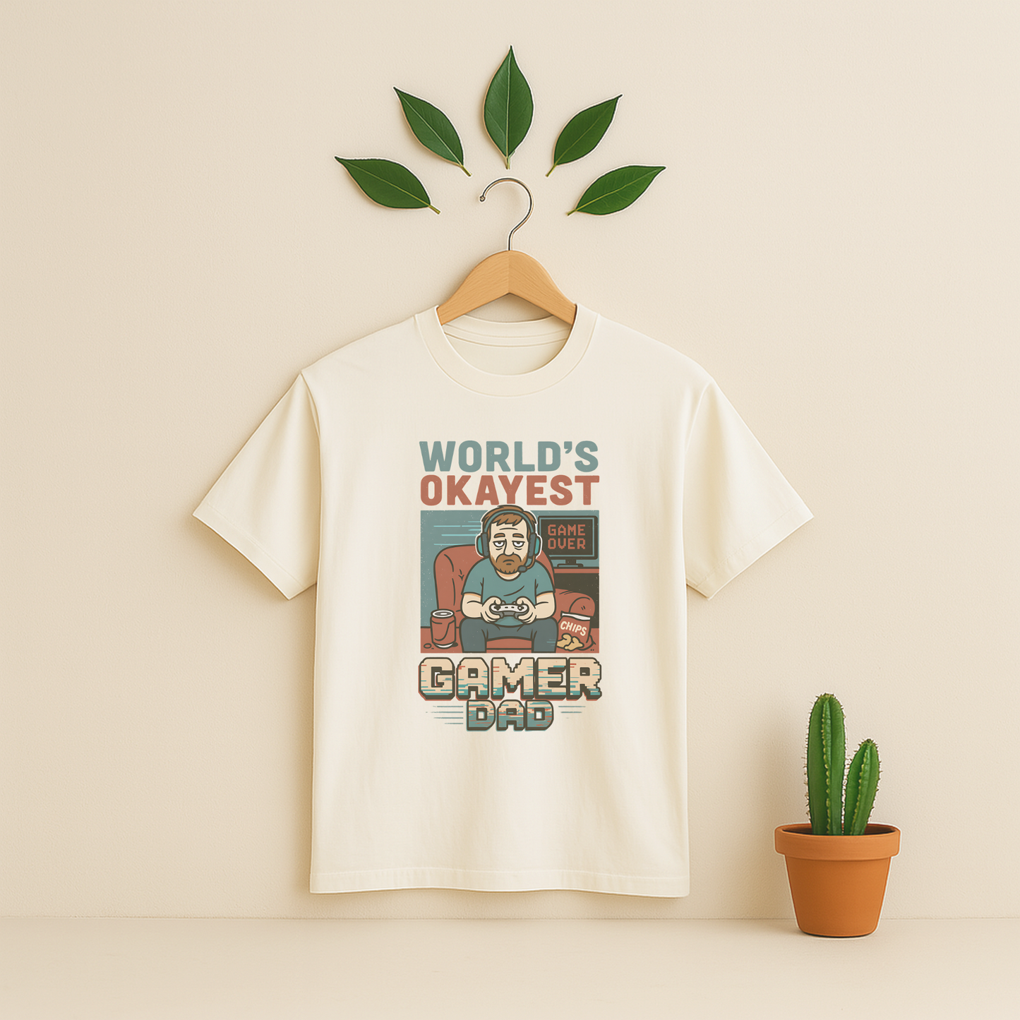 Ivory t-shirt with 'World's Okayest Gamer Dad' graphic on a wooden hanger against a beige background with a cactus plant.