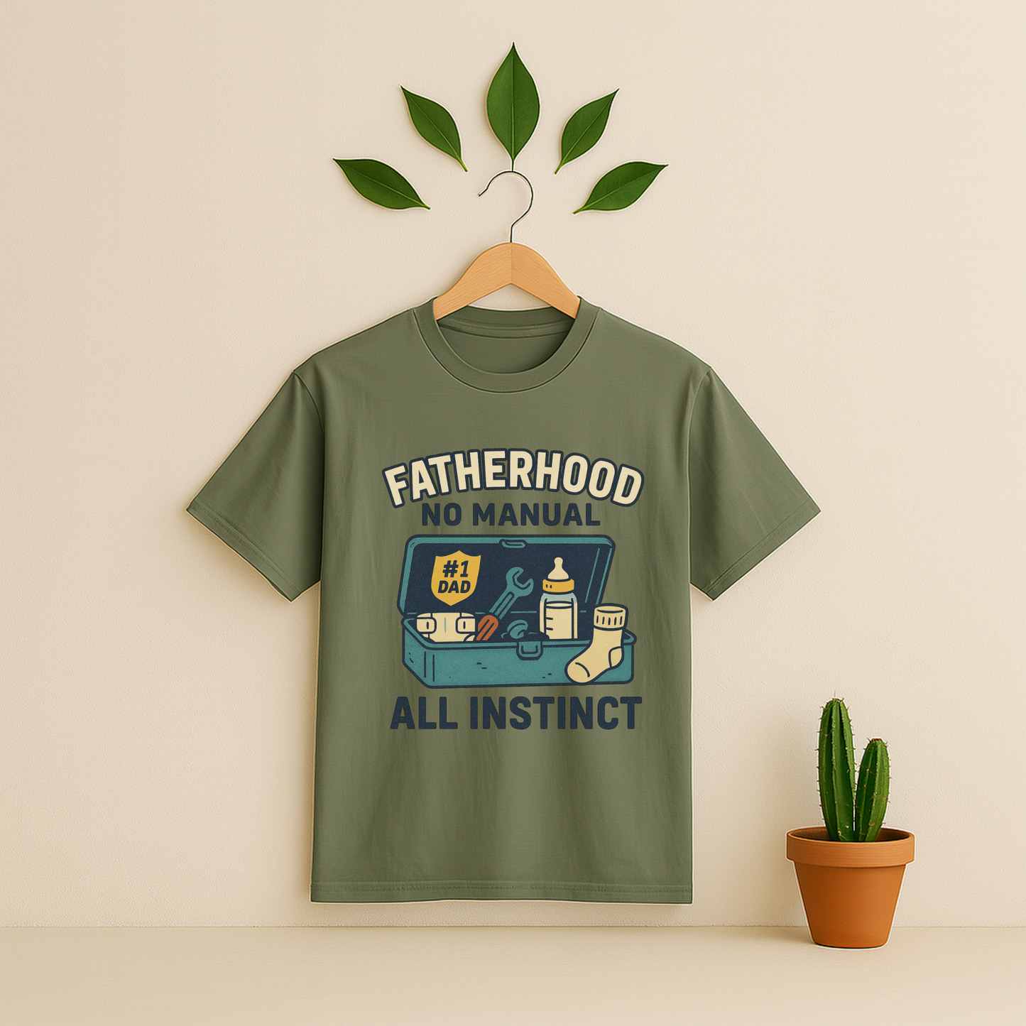 Moss t-shirt withe 'Fatherhood_No_Manual_All_Instinct' graphic on a wooden hanger against a beige background with a cactus plant.