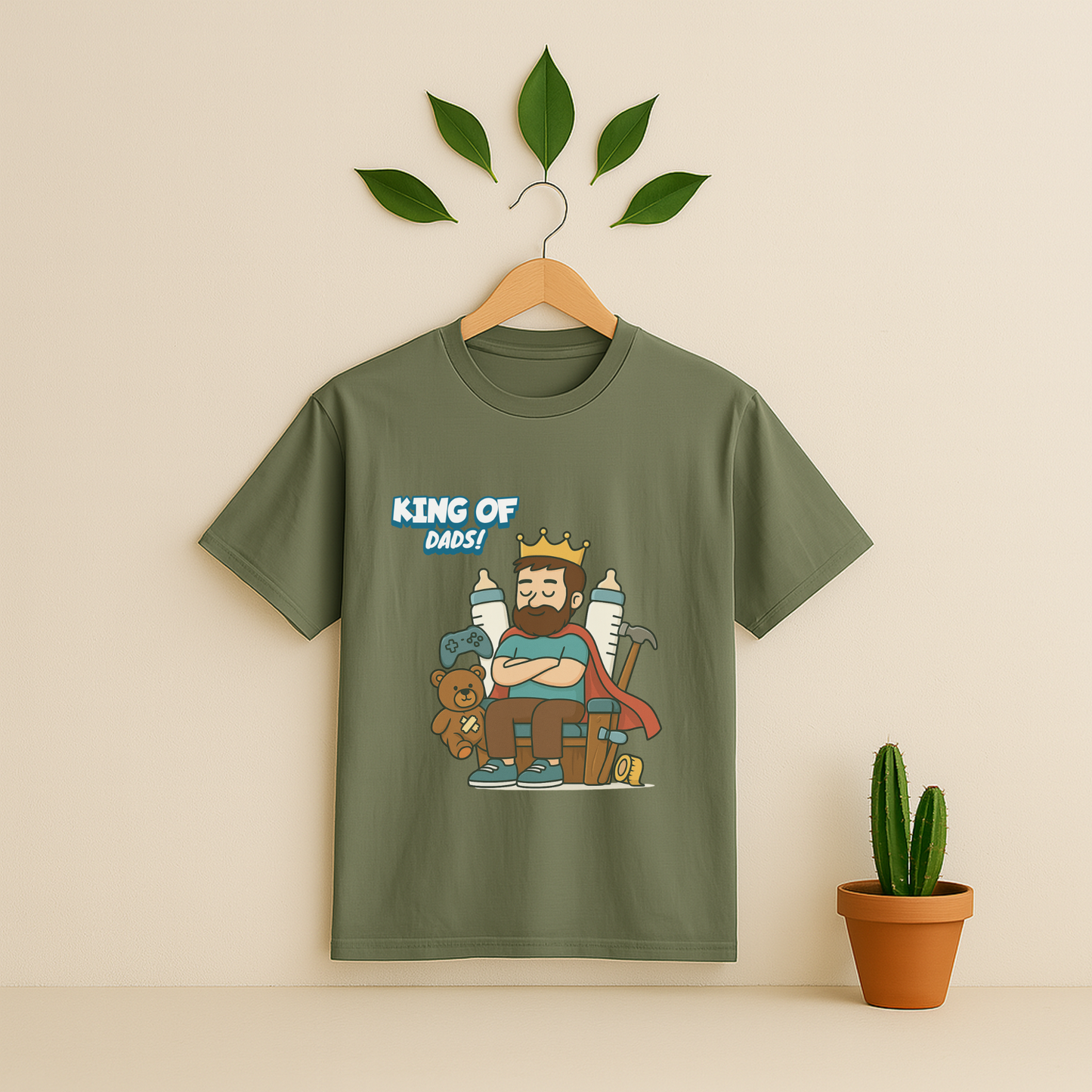Moss t-shirt with 'King Of Dads!' graphic on a wooden hanger against a beige background with a cactus plant.