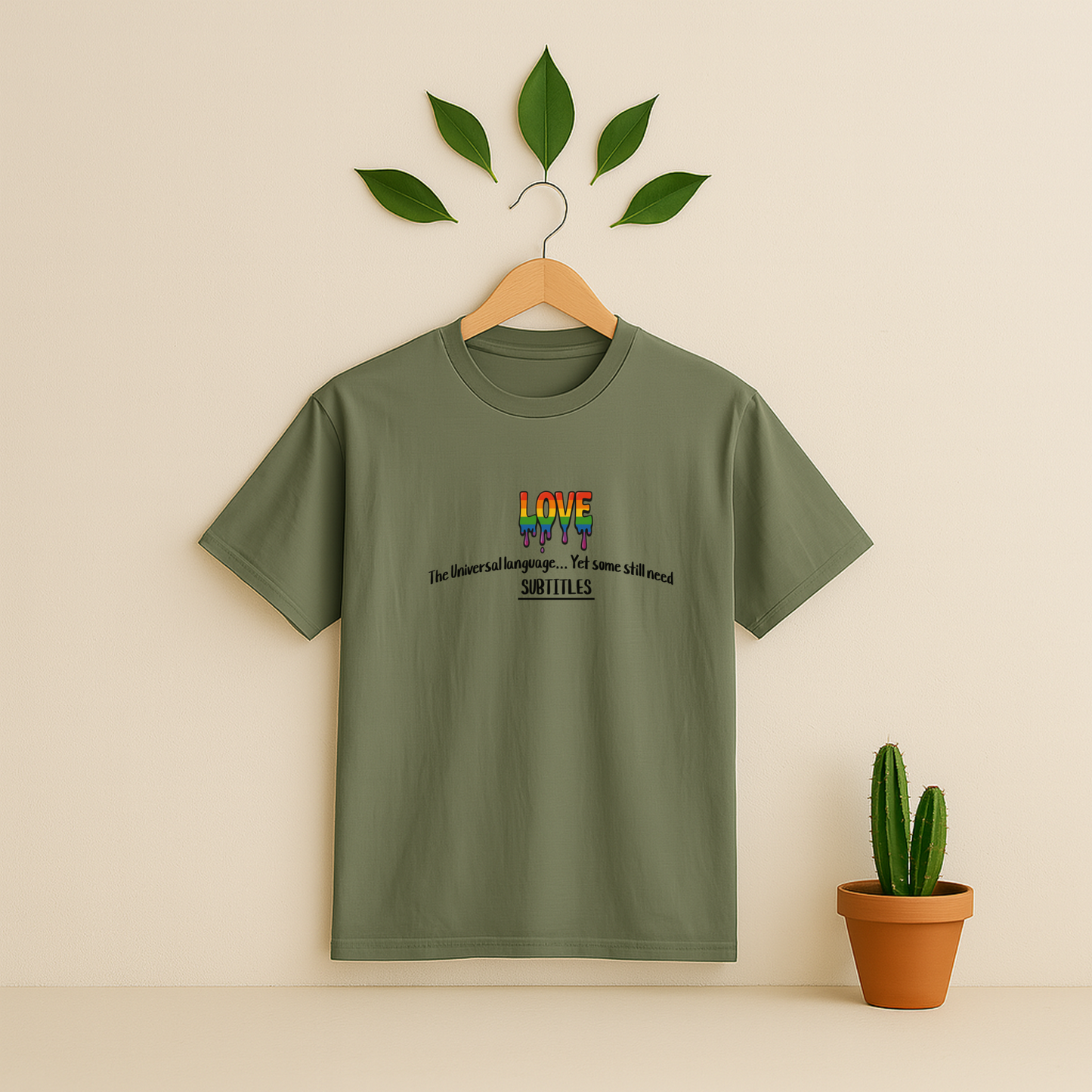 Moss t-shirt with rainbow design and text on a wooden hanger against a beige background with a cactus plant.