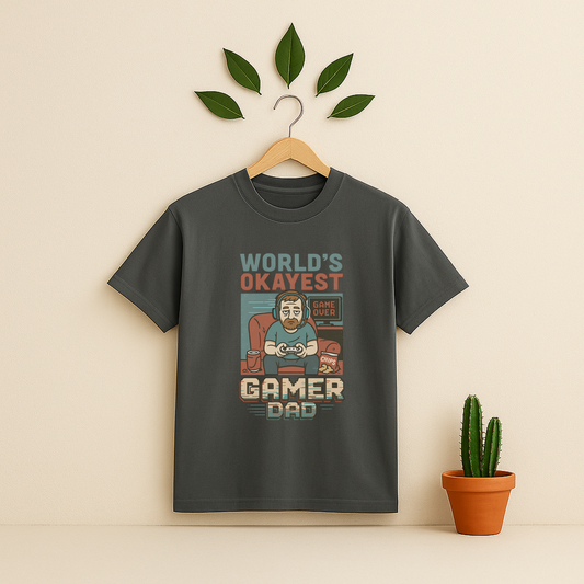 Pepper t-shirt with 'World's Okayest Gamer Dad' graphic on a wooden hanger against a beige background with a cactus plant.