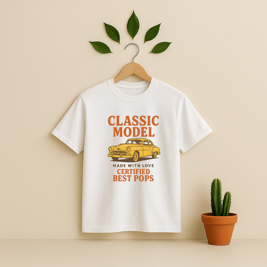 White t-shirt graphic and text on a wooden hanger against a beige background with a cactus plant.