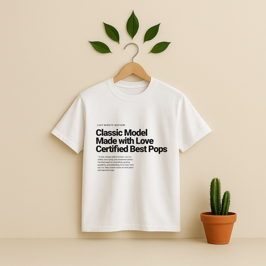 White t-shirt with text on a hanger against a beige background with a potted Cactus plant.