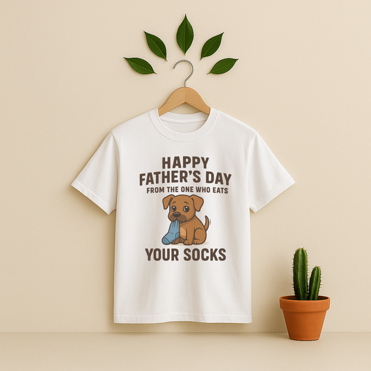 White t-shirt with graphic antd text on a wooden hanger against a beige background with a cactus plant.