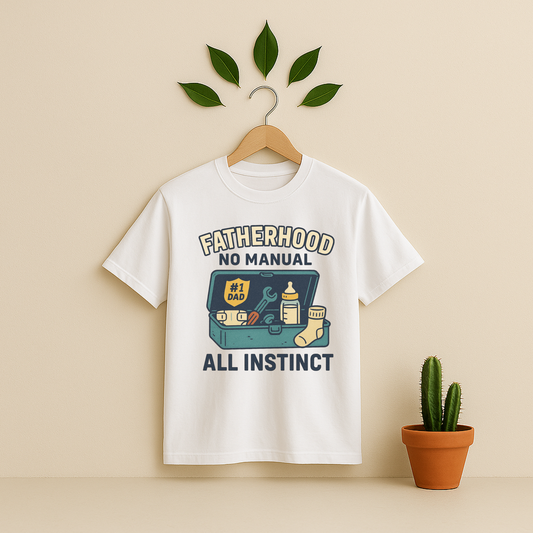 White t-shirt withe 'Fatherhood_No_Manual_All_Instinct' graphic on a wooden hanger against a beige background with a cactus plant.