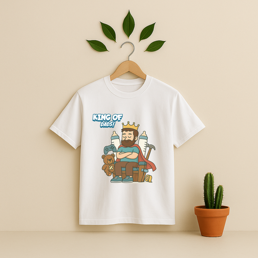 White t-shirt with 'King Of Dads!' graphic on a wooden hanger against a beige background with a cactus plant.
