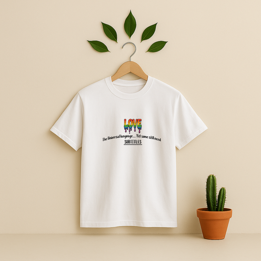 White t-shirt with rainbow design and text on a wooden hanger against a beige background with a cactus plant.