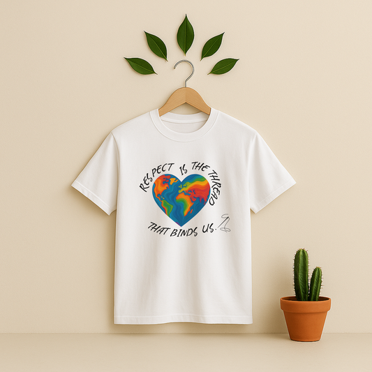 White t-shirt with a colorful heart design and text on a wooden hanger against a beige background with a cactus plant.