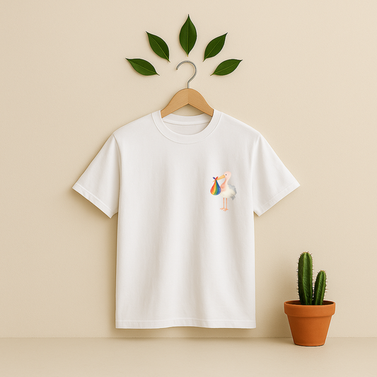 White t-shirt with a colorful bird design on a wooden hanger against a beige background with a cactus plant.