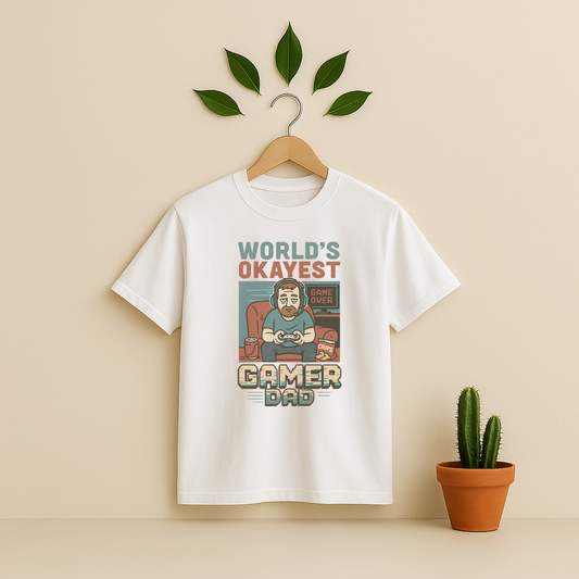 White t-shirt with 'World's Okayest Gamer Dad' graphic on a wooden hanger against a beige background with a cactus plant.