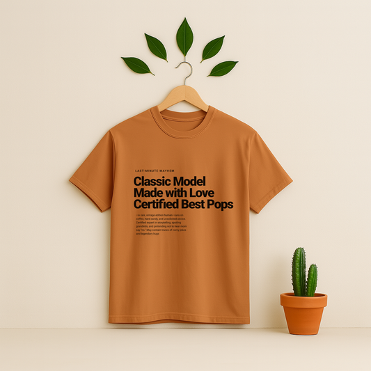 Yam t-shirt with text on a hanger against a beige background with a potted Cactus plant.