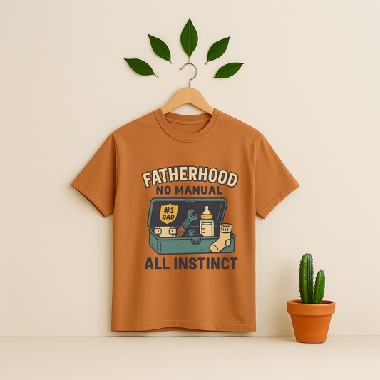 Yam t-shirt withe 'Fatherhood_No_Manual_All_Instinct' graphic on a wooden hanger against a beige background with a cactus plant.