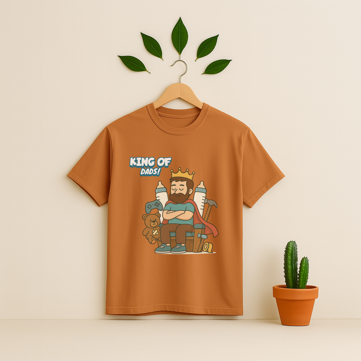Yam t-shirt with 'King Of Dads!' graphic on a wooden hanger against a beige background with a cactus plant.