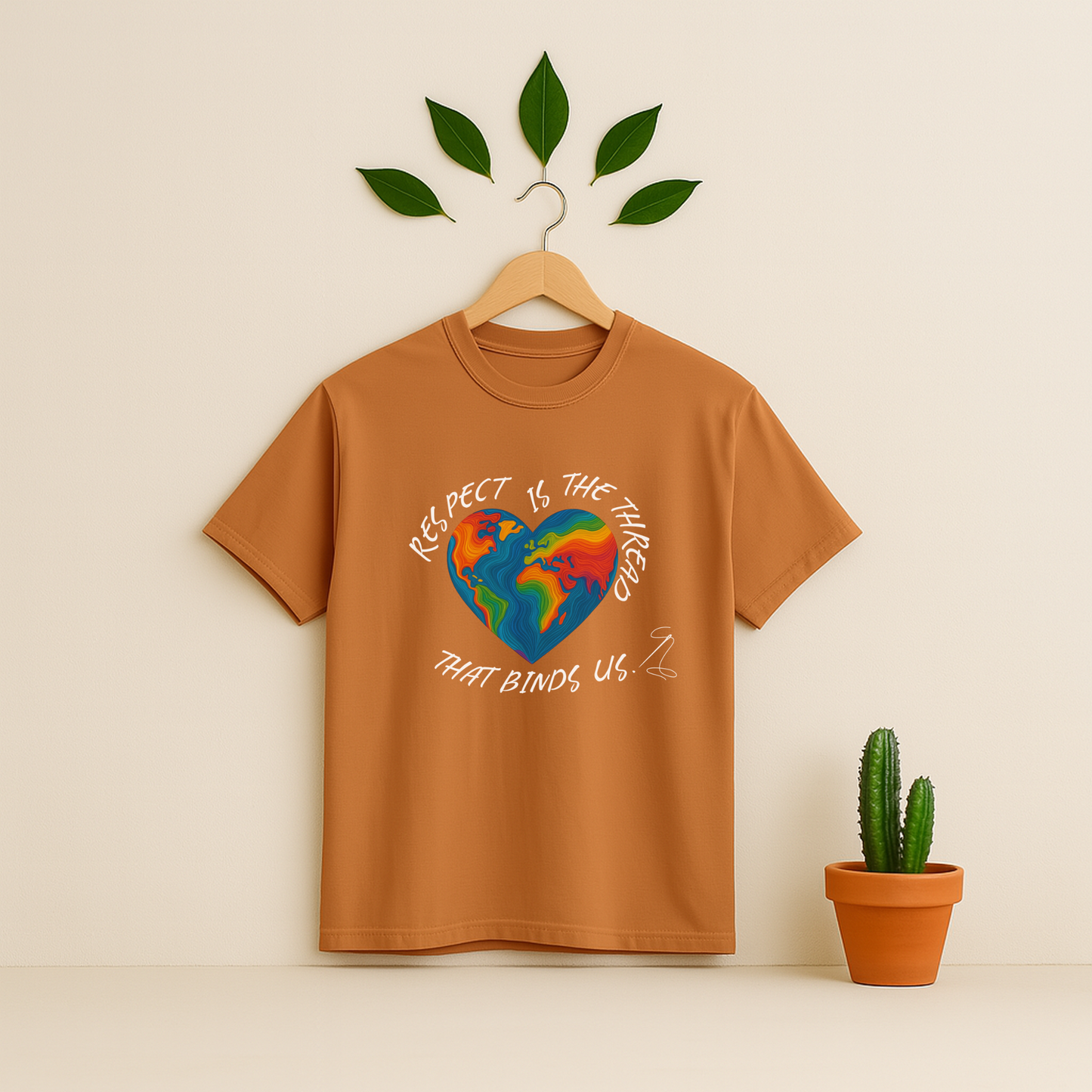 Yam t-shirt with a colorful heart design and text on a wooden hanger against a beige background with a cactus plant.