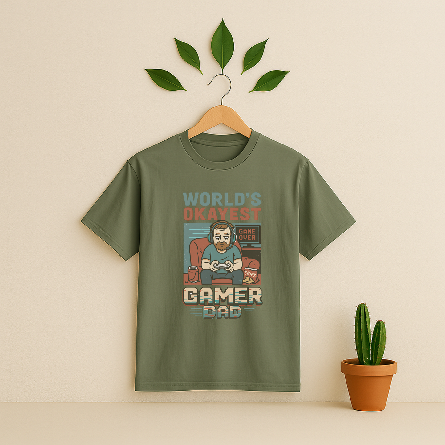 Moss t-shirt with 'World's Okayest Gamer Dad' graphic on a wooden hanger against a beige background with a cactus plant.