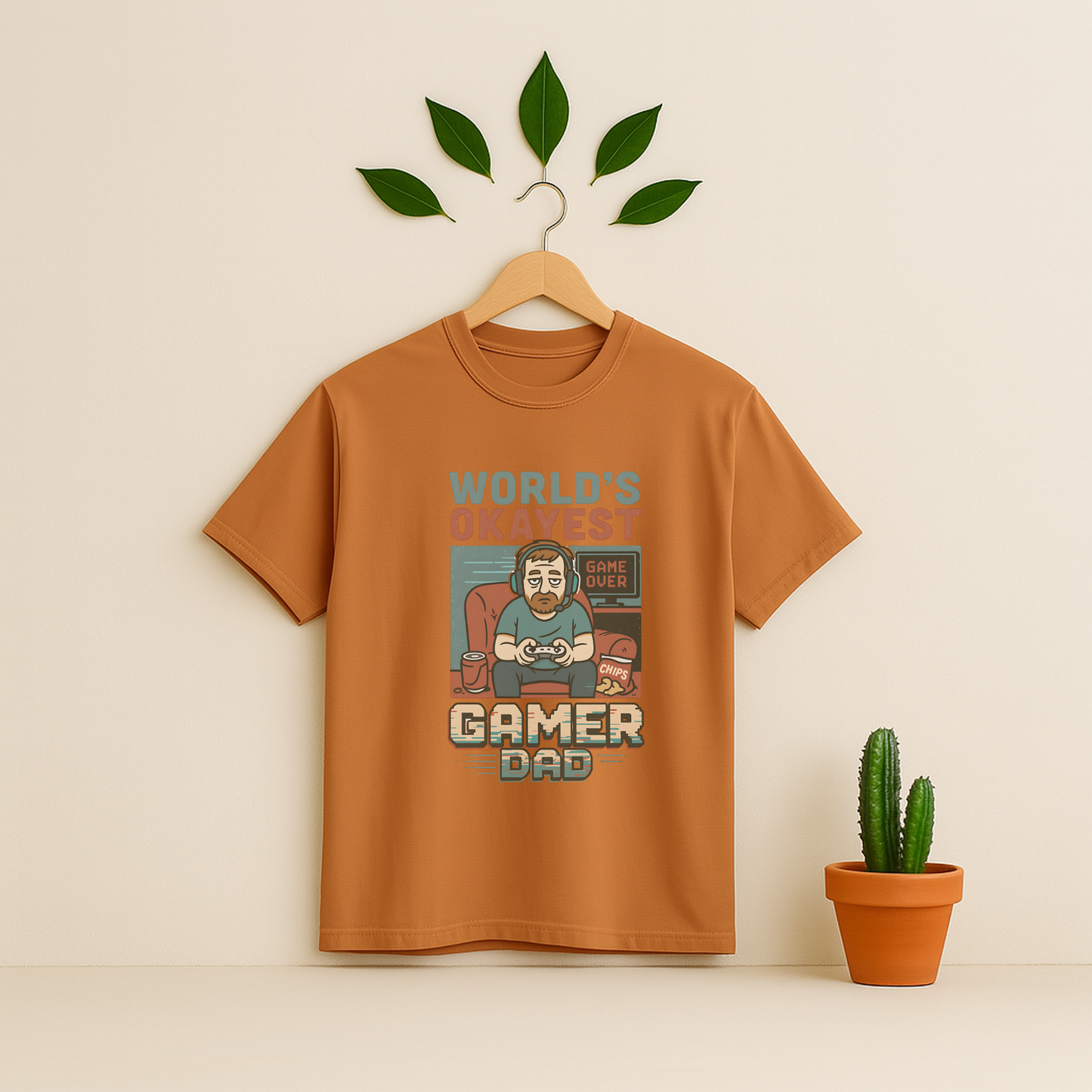 Yam t-shirt with 'World's Okayest Gamer Dad' graphic on a wooden hanger against a beige background with a cactus plant.